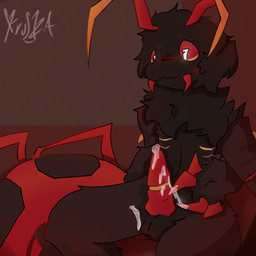 antennae_(anatomy) anthro balls black_balls black_body black_fur blush blush_lines bodily_fluids brown_background brown_body brown_fur claws cum cum_on_body cum_on_claws cum_on_penis cum_on_self ejaculation erection fur genital_fluids genitals male penis red_background red_blush red_claws red_penis red_sclera simple_background sitting solo fruszza kaiju_paradise arthropod centipede crawlipede_(kaiju_paradise) gootraxian myriapod 1:1 2024 digital_drawing_(artwork) digital_media_(artwork) hi_res