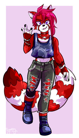 anthro biped black_nose blue_boots blue_clothing blue_eyes blue_footwear boots bottomwear bracelet cheek_tuft clothed clothing countershade_face countershade_fur countershade_torso countershading devil_horns_(gesture) ear_piercing ear_ring facial_tuft fingerless_(marking) fluffy fluffy_tail footwear front_view fur gesture hair hand_gesture jewelry looking_at_viewer male markings midriff multicolored_body multicolored_fur navel open_mouth pants piercing red_body red_fur red_hair ring_(marking) ring_piercing ringed_tail shirt shoes short_hair simple_background solo striped_markings striped_tail stripes tail tail_markings tank_top tongue topwear torn_bottomwear torn_clothing torn_pants tuft two_tone_body two_tone_fur white_body white_countershading white_fur white_markings syaokitty ailurid mammal red_panda 2026 hi_res