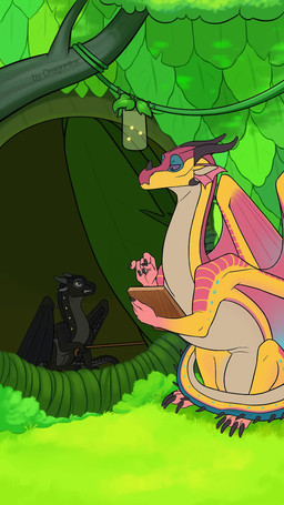 ambiguous_gender black_body black_eyes black_scales claws countershade_torso countershading dialogue duo fangs feral finger_claws frill_(anatomy) gloves_(marking) grass horn long_neck looking_at_another markings membrane_(anatomy) membranous_frill membranous_wings nose_spike pink_body plant scales sitting snout starry_wings tan_body teeth toe_claws wings yellow_body kitradragonfox european_mythology mythology wings_of_fire peacemaker_(wof) pineapple_(wof) dragon mythological_creature mythological_scalie nightwing_(wof) rainwing_(wof) scalie western_dragon 9:16 animated english_audio hi_res short_playtime sound video male_(lore)
