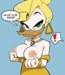 anthro beak bedroom_eyes blonde_hair breasts dialogue exclamation_point female flashing green_eyes hair jewelry mature_anthro mature_female narrowed_eyes necklace nipples non-mammal_breasts non-mammal_nipples seductive solo speech_bubble text dr._pizza_boi disney ducktales ducktales_(2017) goldie_o'gilt anatid anseriform avian bird duck 2020 absurd_res english_text hi_res