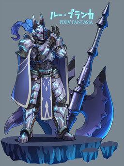 5_fingers ambiguous_gender armor axe battle_axe blue_hair boots breastplate cape clothed clothing dipstick_tail fingers footwear gauntlets gloves glowing glowing_eyes greaves hair handwear headgear helmet long_hair markings melee_weapon multicolored_tail pauldron pink_eyes purple_tail shoes solo tail tail_markings text weapon hutago pixiv_fantasia animal_humanoid canid canid_humanoid canine canine_humanoid humanoid mammal mammal_humanoid wolf_humanoid hi_res japanese_text translated