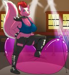 anthro balloon big_breasts blue_eyes boots breasts cleavage clothed clothing collar crop_top female footwear fur hair hands_on_hips implied_popping inflatable looking_at_viewer looner nightclub pink_body pink_fur red_hair shirt shoes shoulder_pads solo spiked_collar spikes step_pose threatening topwear torn_clothing denlusty mammal mephitid skunk hi_res