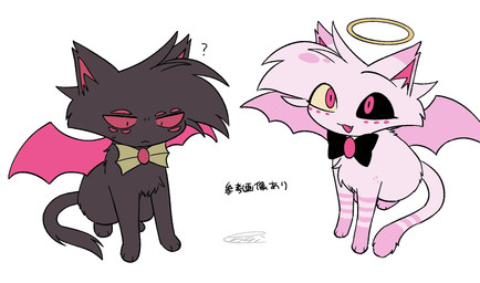 alternate_species duo feral feralized male multi_eye simple_background text white_background enaic31 hazbin_hotel hellaverse angel_dust arackniss_(hazbin_hotel) domestic_cat felid feline felis mammal hi_res japanese_text translation_request brother_(lore) brothers_(lore) sibling_(lore)