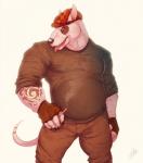 anthro belly biceps bottomwear cigarette clothed clothing fingerless_gloves fully_clothed furgonomics gloves handwear hat headgear headwear male muscular muscular_anthro muscular_male pants pose shirt simple_background slightly_chubby smoke smoking solo stocky tattoo tongue tongue_out topwear vetrowolf bull_terrier canid canine canis domestic_dog hunting_dog mammal terrier hi_res portrait three-quarter_portrait