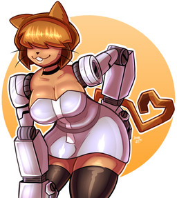 anthro big_breasts breasts clothing female gesture hair hair_over_eyes hidden_eyes lipstick makeup mechanical_arm robotic_arms short_hair smile solo tail tail_gesture tail_heart whiskers dimejeff gameoverse glitch_productions tina_(gameoverse) domestic_cat felid feline felis mammal hi_res