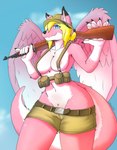 ammo_pouch anthro areola areola_slip armor belt big_breasts blonde_hair blue_eyes blue_sky bottomwear breasts claws clothing feathered_wings feathers female finger_claws fur glowing glowing_eyes gun hair headgear helmet looking_at_viewer multicolored_body multicolored_fur paws ranged_weapon rifle shorts sky smile smiling_at_viewer solo tail tied_hair two_tone_body two_tone_fur weapon wings catsockjus mythology roketchu canid canine canis dragon hybrid mammal mythological_creature mythological_scalie scalie wolf absurd_res hi_res