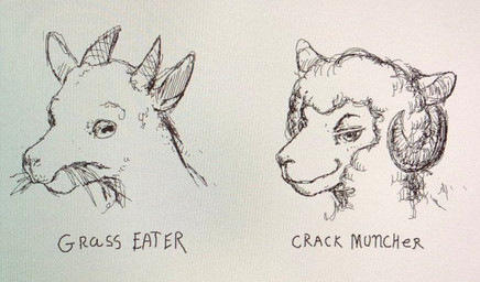 anthro duo ears_up eating eating_grass eyebrows feral fur grass grass_in_mouth horizontal_pupils horn looking_at_viewer looking_forward male male/male plant pupils smile smiling_at_viewer text wool_(fur) reynard_goodfellow reynard_the_baa bovid caprine goat mammal sheep digital_media_(artwork) english_text headshot_portrait microsoft_paint_(artwork) portrait
