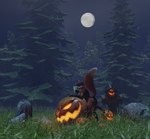 anthro detailed_background female food forest fruit holidays light moon moonlight night plant pumpkin solo text tree titord halloween fox_girl_(ruaidri) canid canine fox mammal 3d_(artwork) absurd_res digital_media_(artwork) english_text hi_res