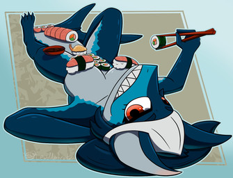 anthro blue_body blue_hair body_sushi breasts chopsticks clothing convenient_censorship countershading female food food_fetish food_play hair headgear headwear holding_chopsticks holding_object kerchief looking_at_viewer lying meat medium_breasts non-mammal_hair nude nude_female on_back red_eyes sashimi simple_background smile solo sushi tail teeth unbroken_lewds sonja_(flawedspirit) aquatic fish mackerel_shark mako_shark shark white_shark 2026 digital_drawing_(artwork) digital_media_(artwork) hi_res