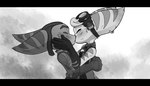 anthro black_bars blush clothing duo ear_piercing eyes_closed eyewear female french_kissing gloves goggles hand_on_face handwear hi_res insomniac_games kissing letterbox lombax male male/female mammal monochrome paxtiankenya piercing ratchet_(ratchet_and_clank) ratchet_and_clank ring_piercing rivet_(ratchet_and_clank) romantic romantic_couple sony_corporation sony_interactive_entertainment stripes