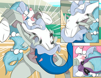 ambiguous_gender antennae_(anatomy) anthro blue_body blue_eyes blue_hair blush bodily_fluids claws crotch_lines crying_laughing defeated detailed_background duo emanata exoskeleton eyes_closed feet feral full_nelson full_nelson_(arms_held) hair laugh motion_blur multi_arm multi_limb multicolored_body multicolored_exoskeleton navel open_mouth open_smile outside overwhelmed pink_background pink_nose purple_body purple_exoskeleton radial_speed_lines raspberry_kiss simple_background smile speed_lines talons tears tickle_torture tickling tickling_navel toes two_tone_body two_tone_exoskeleton white_body white_exoskeleton danger_hyena_(artist) nintendo pokemon generation_7_pokemon golisopod pokemon_(species) primarina