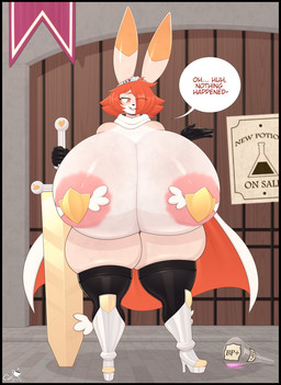 anthro areola big_breasts boots breasts cape clothing ellipsis female footwear gloves hair hair_over_eye handwear high_heeled_boots high_heels huge_breasts hyper hyper_breasts legwear melee_weapon orange_eyes orange_hair pasties pink_areola potion_bottle shoes solo speech_bubble sword tan_body text thick_thighs thigh_highs weapon coffilatte clare_(themushlord) lagomorph leporid mammal rabbit english_text hi_res