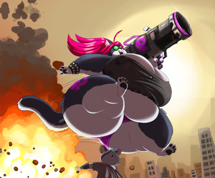 ambiguous_gender anthro big_breasts big_butt breasts butt city clothing duo explosion eyewear female female_focus glasses huge_breasts huge_butt huge_thighs jumping low-angle_view obese obese_female overweight overweight_female panties ranged_weapon rocket_launcher simple_background size_difference solo_focus sun tattoo thick_thighs underwear wasteland weapon yellow_background shenzel shelly_(shenzel) domestic_cat felid feline felis mammal mouse murid murine rodent absurd_res hi_res