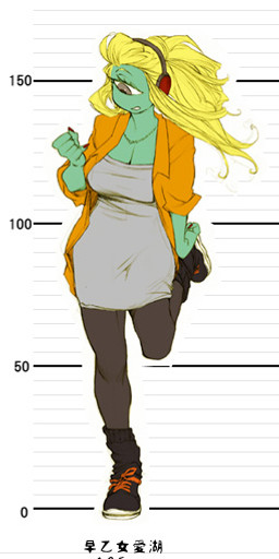1_eye bent_arm bent_legs black_clothing black_footwear black_shoes blonde_eyebrows blonde_hair bottomwear breasts brown_eye chart cleavage clothed clothing colored_nails electronics eyebrows female fingernails footwear fully_clothed green_body green_skin grey_bottomwear grey_clothing grey_pants grey_topwear hair headgear headphones headwear height_chart jacket jewelry leaning lineup long_nails long_socks looking_at_hand looking_at_own_hands looking_down monster_girl_(genre) nails necklace not_furry on_one_leg one_leg_up orange_clothing orange_jacket orange_topwear pants raised_leg red_clothing red_fingernails red_headwear red_nails shoes shoulder_length_hair sneakers solo standing topwear white_soles fjordtrotter cyclops humanoid model_sheet