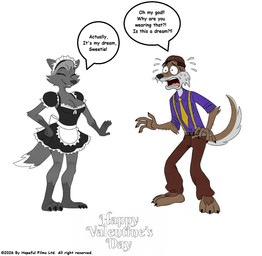 anthro breasts clothed clothing duo eyes_closed female holidays humor maid_oufit maid_uniform male male/female necktie roleplay scared simple_background suspenders tail text uniform white_background unknown_artist unifursity_(series) valentine's_day jessie_foxx_(unifursity) toby_g._coy_(unifursity) canid canine canis coyote fox mammal red_fox silver_fox true_fox 2026 english_text