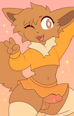 4_fingers anthro balls bottomwear brown_body brown_eyes brown_fur brown_hair brown_inner_ear brown_nose cat_smile cheek_tuft clothed clothing crop_top crossdressing crossdressing_male cute_fangs erection facial_tuft fangs femboy fingers fur genitals geometric_background gesture gradient_background grid_background hair hand_gesture humanoid_genitalia humanoid_penis legwear male midriff miniskirt navel neck_tuft on_one_leg one_eye_closed open_mouth open_smile orange_clothing orange_crop_top orange_miniskirt orange_shirt orange_topwear pattern_background penis pink_penis shirt simple_background skirt smile solo sparkles standing tail tan_body tan_clothing tan_fur tan_legwear tan_thigh_highs teeth thigh_highs topwear tuft v_sign wink ohalphabetboyy nintendo pokemon eevee generation_1_pokemon pokemon_(species) 2026 hi_res