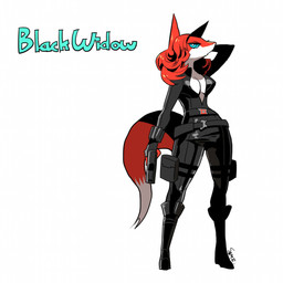 anthro belt blue_eyes boots breasts clothing female footwear fur gloves gun hair handwear looking_at_viewer ranged_weapon red_body red_fur red_hair shoes simple_background solo tail weapon white_background white_body white_fur sharks_(artist) marvel the_avengers black_widow_(marvel) canid canine fox mammal source_request