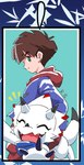 anthro brown_hair claws clothing duo green_eyes hair hoodie male topwear white_body kubota_keita bandai_namco digimon digimon_ghost_game digimon_(species) gammamon human mammal hi_res