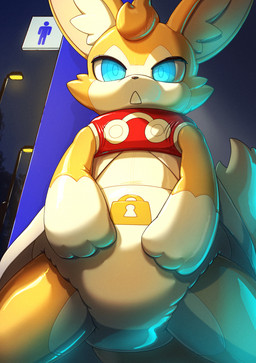 ambiguous_gender anthro biped blue_eyes clean_diaper clothed clothing costume detailed_background diaper glistening implied_chastity lock_symbol 996_9696 cygames world_flipper light_(world_flipper) canid canine fox mammal 2025 digital_media_(artwork) hi_res