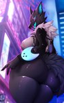 anthro big_breasts big_butt black_body black_fur breasts butt butt_focus clothed clothing cyberpunk female fur fur_jacket fur_trim_(clothing) glistening glistening_body glistening_eyes glowing glowing_eyes looking_at_viewer nipples presenting presenting_hindquarters rear_view smile solo straps streetwear tail techwear teeth thick_thighs wide_hips xintro epic_games fortnite pack_leader_highwire canid canine canis mammal wolf 2023 absurd_res digital_media_(artwork) hi_res