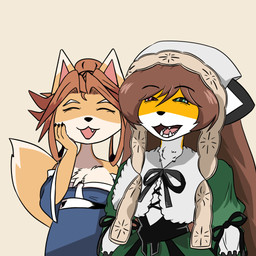 accessory anthro asian_clothing breasts brown_hair cleavage clothed clothing cosplay countershading dipstick_ears duo ear_markings fangs female fox_tail hair hair_accessory hair_ring long_hair markings multicolored_ears snout teeth anonymous_artist bully_fox furseiseki_(character) suiseiseki_(rozen_maiden) canid canine fox mammal 1:1