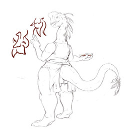 anthro bowl breasts butt clothed clothing container female holding_bowl holding_container holding_object non-mammal_breasts open_mouth rear_view simple_background solo standing tail tongue unsigned wall_painting white_background upai kreide_(upai) dinosaur oviraptor oviraptorid oviraptorosaur prehistoric_species reptile saurischian scalie theropod full-length_portrait partially_colored portrait