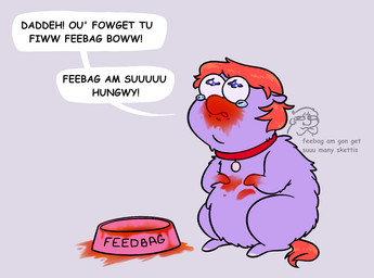 ambiguous_feral ambiguous_gender baby_talk bodily_fluids bowl collar container crying dialogue dirty dirty_hands dishonesty feral food_on_face fur grey_background hair hooves looking_up misleading_thumbnail offscreen_character orange_hair orange_tail pet_bowl pleading_eyes purple_body purple_eyes purple_fur red_collar sauce simple_background sitting solo tail tears text tomato_sauce white_hooves meatfroot fluffy_pony fluffy_pony_(species) mammal 2026 digital_media_(artwork) english_description english_text flat_colors hi_res
