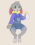 anthro baby_bottle clothed clothing diaper diaper_under_clothing hoodie long_ears male milk overalls shortalls sitting solo topwear wearing_diaper young young_anthro kuuneho lagomorph leporid mammal rabbit absurd_res hi_res