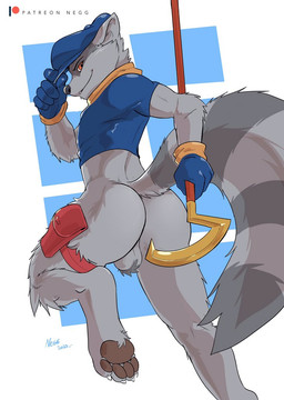 4_toes 5_fingers anthro athletic athletic_anthro athletic_male backsack ball_tuft balls biped bottomless butt claws clothed clothing eyebrows feet fingers fur genitals gloves grey_body grey_fur grey_tail hair handwear hat headgear headwear holding_object holding_weapon leg_pouch looking_at_viewer male multicolored_body multicolored_fur patreon_logo patreon_username pawpads paws rear_view simple_background solo tail text toe_claws toes tuft two_tone_body two_tone_fur two_tone_tail weapon negy patreon sly_cooper_(series) sony_corporation sony_interactive_entertainment sucker_punch_productions sly_cooper mammal procyonid raccoon english_text