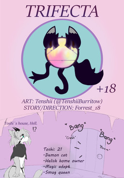 anthro female fur grey_body grey_fur horn logo solo text white_body white_fur tenshiistar toshi_(forrest18) demon domestic_cat felid feline felis hybrid mammal absurd_res cover cover_art cover_page english_text hi_res