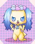 anthro blue_ears blue_eyes blush chibi cute_fangs fangs female floppy_ears fur g_clef jewelry kneeling looking_at_viewer lop_ears necklace open_mouth pattern_background simple_background solo teeth yellow_body yellow_fur bunnag jewelpet sanrio sega sega_fave sapphie_(jewelpet) bird_dog canid canine canis cavalier_king_charles_spaniel domestic_dog hunting_dog mammal spaniel toy_dog digital_media_(artwork) shaded