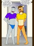 2017 3:4 5_fingers anthro barefoot black_nose blue_clothing blue_underwear blush brown_body brown_eyes brown_fur brown_hair bulge canid canine canis clothed clothing comic coyote dialogue door duo english_text feet fingers fish fur fuze hair hi_res ian_dela_cruz looking_at_mirror looking_at_object male mammal marine midriff mirror mond_reyes nude open_mouth orange_clothing orange_underwear partially_clothed pillarbox pose purple_clothing purple_topwear reflection romantic romantic_couple shark skimpy standing teeth texnatsu text thong tongue topwear underwear yellow_clothing yellow_topwear