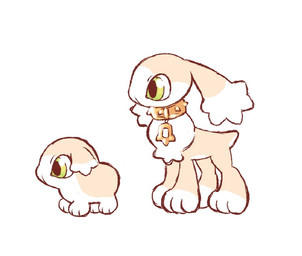 ambiguous_gender big_eyes chest_tuft chibi collar collar_only duo ear_markings ear_tuft ears_down feral fur glistening glistening_eyes gold_(metal) gold_collar green_eyes leg_markings markings metal_collar nude paws pivoted_ears scut_tail short_tail simple_background socks_(marking) spiked_collar spikes standing tail tan_body tan_fur toony tuft white_background white_body white_fur clockstops3am conditional_dnp lagomorph mammal