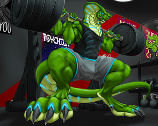 4_arms anthro athletic_wear barbell barbell_squats biped black_clothing black_shirt black_tank_top black_topwear blue_eyes blue_glow bodily_fluids bottomwear bulge claws clothing devious_grin digitigrade dripping exercise feet glistening glistening_body glowing glowing_eyes glowing_through_clothes green_body gym gym_bottomwear gym_shorts holding_barbell looking_at_viewer male male_anthro marks_on_body mirror multi_arm multi_limb muscular muscular_anthro muscular_male perspective perspective_shot poster seductive shirt shorts smile solo squatting_pose sweat sweaty_body tank_top toe_claws topwear weightlifting workout xinyo savya_(orthostp) alien cobra hybrid reptile scalie snake 5:4 absurd_res hi_res