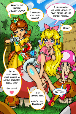 blonde_hair blue_eyes boots brown_hair cliff clothing crown diaper ear_piercing ear_ring eyelashes female footwear forest forest_background frilly frilly_clothing fungus giggling gloves gown grass group hair hand_to_face handwear headgear hill hill_with_eyes_(mario) holding_object humiliation lips long_hair magic magic_effects magic_wand markings mushroom nature nature_background piercing pink_hair plant pouty ring_piercing shoes sitting smug speech_bubble spots spotted_markings standing text thick_lips tree trio pizzabagel mario_bros nintendo princess_daisy princess_peach toadette elemental_creature elemental_humanoid fungi_fauna fungi_humanoid human humanoid mammal mushroom_humanoid toad_(mario) english_text hi_res