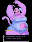 anthro armpit_focus belly big_belly big_breasts biped black_background black_hair blue_highlights blush breasts claws cleavage clothed clothing curvy_figure ear_piercing ear_ring eyelashes fangs fat_arms female hair hand_behind_head highlights_(coloring) huge_thighs looking_at_viewer open_mouth open_smile outline overalls overweight overweight_anthro overweight_female pawpads piercing pose purple_body raised_arms ring_piercing short_hair shortalls side_boob simple_background smile solo standing talking_to_viewer teeth text text_box thick_arms thick_thighs three-quarter_view white_outline wide_hips yellow_sclera champchidi undertale undertale_(series) catty_(undertale) domestic_cat felid feline felis mammal 2025 english_text hi_res portrait three-quarter_portrait