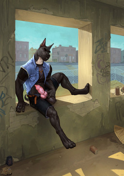 animal_genitalia animal_penis anthro balls bedroom_eyes bottomwear canine_genitalia canine_penis clothed clothing denim denim_clothing denim_jacket denim_topwear ear_piercing ear_ring erection eyebrows feet fingers fur genitals graffiti graffiti_on_wall half-closed_eyes jacket knot looking_at_viewer male narrowed_eyes open_bottomwear open_clothing open_jacket open_shorts open_topwear penis piercing ring_piercing seductive shirt shorts sitting smile solo spread_legs spreading tail teeth toes topwear satanic_monkey canid canine canis domestic_dog great_dane mammal mastiff molosser absurd_res digital_media_(artwork) hi_res