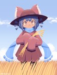 :3 anthro blue_clothing blue_hair blue_scarf brown_body brown_fur brown_nose cheek_tuft clothed clothing cloud day detailed_background dress eyelashes facial_tuft field front_view fully_clothed fur hair hat headgear headwear holding_object holding_plant kemono looking_at_viewer monotone_body monotone_fur monotone_hair outside oversized_clothing pink_clothing pink_dress pink_hat pink_headwear plant pupils red_eyes scarf short_hair sky sleeve_dress slit_pupils smile solo standing tuft wheat wheat_field white_pupils yellow_sclera newfolder oneshot niko_(oneshot) domestic_cat felid feline felis mammal 3:4 absurd_res artist_name colored digital_media_(artwork) hi_res portrait shaded three-quarter_portrait