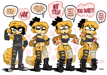 acceptance alternative_fashion anthro armwear asymmetrical_clothing boots clothing dark_clothing dialogue female female_symbol fishnet_armwear fishnet_clothing fluffy fluffy_tail footwear forced forced_transformation fur gender_symbol gender_transformation genitals legwear lesbian_pride_colors lgbt_pride male multicolored_body multicolored_fur pawpads penis ponytail_ears pride_colors pubes punk shoes small_penis speech_bubble stockings symbol tail text torn_clothing transformation transformation_sequence transformation_through_magic two_tone_body two_tone_fur vulva yellow_body yellow_fur bubbalossom canid canine mammal english_text hi_res