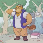 anthro bottomless clothed clothing drinking erection eyewear genitals glasses hair humanoid_genitalia humanoid_penis male orange_hair outside overweight overweight_male penis solo standing buffalonickels hewland_(buffalonickels) canid canine canis domestic_dog mammal