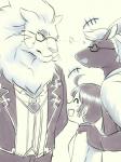 anthro black_body black_fur braided_hair clothing eyes_closed eyewear female fur glasses gloves group hair handwear horn jealous kemono male monocle smile white_body white_fur white_hair manzanaringopai lifewonders tokyo_afterschool_summoners female_protagonist_(tas) protagonist_(tas) snow_(tas) tanngrisnir_(tas) bovid caprine felid goat human lion mammal pantherine 3:4 hi_res