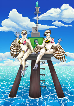4_toes anthro beak bikini breasts clothed clothed_female clothing cloud duo feathered_wings feathers feet female gesture maryland_flag medium_breasts midriff navel non-mammal_breasts open_beak open_mouth outside scuted_feet scuted_hands scutes swimwear toes two-piece_swimsuit waving waving_at_viewer white_body white_feathers winged_arms wings yellow_eyes zygodactyl likeshine accipitriform avian bird osprey hi_res