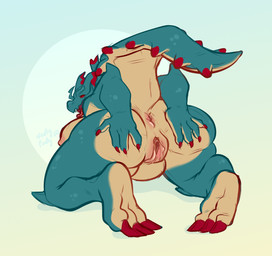 all_fours anthro anthrofied anus arm_spikes belly breasts butt claws elbow_spikes female female_anthro genitals holding_butt knee_spikes leg_spikes looking_at_viewer looking_back mature_female nude open_mouth overweight overweight_female plantigrade presenting presenting_anus presenting_hindquarters presenting_vulva raised_tail rear_view red_claws red_eyes solo spikes spikes_(anatomy) spread_butt spread_vulva spreading tail vulva nastypasty capcom monster_hunter fan_character naomi_(lieutenantskittles) lagiacrus leviathan_(mh) scalie 2020 absurd_res full-length_portrait hi_res portrait