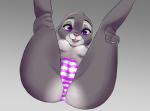 anthro bottomwear breasts buckteeth camel_toe clothed clothing countershade_face countershade_fur countershade_torso countershading ears_down female fur grey_background grey_body grey_fur head_tuft heart_eyes heart_symbol legs_up looking_at_viewer nipples open_mouth open_smile panties panties_only pattern_bottomwear pattern_clothing pattern_panties pattern_underwear pink_nose pivoted_ears purple_eyes simple_background smile solo spread_legs spreading striped_bottomwear striped_clothing striped_panties striped_underwear stripes teeth topless tuft underwear underwear_only rin_tyan disney zootopia judy_hopps lagomorph leporid mammal rabbit digital_media_(artwork) shaded