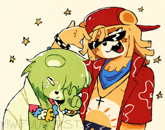 aloha_shirt anthro armband backwards_baseball_cap backwards_hat bangs baseball_cap belly belly_badge black_nose blue_kerchief bracelet clothed clothing cloudco cross cross_necklace devil_horns_(gesture) duo eyebrows eyewear facial_markings flower_necklace frown fur fur_hair gesture green_body green_fur hand_gesture hat head_markings headgear headwear jewelry kerchief looking_at_viewer male markings necklace open_clothing open_mouth open_shirt open_topwear pattern_clothing pattern_shirt pattern_topwear redesign sharp_teeth shirt simple_background smile snaggle_tooth star_(marking) star_(shape) sun sunglasses teeth tongue topwear white_background white_belly white_clothing white_shirt white_topwear yellow_body yellow_fur 4thvalentines american_greetings care_bears funshine_bear oopsy_bear bear mammal 2025 digital_drawing_(artwork) digital_media_(artwork) hi_res