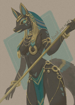 5_fingers anthro biped black_body black_breasts black_fur black_sclera blue_eyes breasts colored_nails covered_nipples crossgender ear_piercing female female_anthro fingernails fingers fluffy fluffy_tail fur grey_background holding_object holding_staff jewelry looking_at_viewer mtf_crossgender nails navel necklace partially_clothed_anthro partially_clothed_female piercing pupils simple_background smile smiling_at_viewer snout solo staff tail teeth_showing three-quarter_view yellow_fingernails yellow_nails yellow_pupils iimia egyptian_mythology middle_eastern_mythology mythology anubis anubian_jackal canid canine canis deity jackal mammal 2026 dated digital_drawing_(artwork) digital_media_(artwork) hi_res japanese_description portrait signature three-quarter_portrait