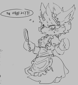 accessory anthro apron arm_tuft arms_bent biped blush blush_lines cheek_tuft chest_tuft clothed clothed_anthro clothed_male clothing crossdressing crossdressing_male dress ear_tuft embarrassed eyelashes facial_tuft frilly frilly_accessory frilly_apron frilly_clothing frilly_dress frilly_hairband fully_clothed fully_clothed_anthro fully_clothed_male fur gloves grey_background hair_accessory hairband hand_mirror handwear head_tuft holding_mirror holding_object inner_ear_fluff inner_monologue kemono long_ears looking_at_mirror looking_at_object looking_at_self maid_apron maid_headdress maid_uniform male male_anthro mirror mouth_closed simple_background snout solo text thinking thought_bubble three-quarter_view tuft uniform meckmeck00124 league_of_legends riot_games tencent rumble_(lol) yordle 2024 black_and_grey digital_drawing_(artwork) digital_media_(artwork) korean_text monochrome portrait sketch three-quarter_portrait translated