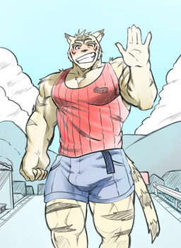 5_fingers anthro blue_bottomwear blue_clothing blue_shorts blush bottomwear bulge claws clothing dipstick_ears ear_markings fingers fur gesture male mountain multicolored_ears muscular muscular_anthro muscular_male one_eye_closed open_mouth open_smile outside red_clothing red_shirt red_tank_top red_topwear road shirt shorts sky smile solo striped_body striped_fur stripes tail tan_body tan_fur tank_top topwear waving wink yellow_body yellow_fur wolfmanwilk morenatsu torahiko_(morenatsu) felid mammal pantherine tiger 2025