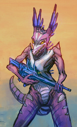 5_fingers ambiguous_gender anthro countershading fingers gun holding_object holding_weapon purple_body purple_scales ranged_weapon scales simple_background solo spikes spikes_(anatomy) tail teeth weapon white_body white_scales yellow_eyes bittertooth mythology alien dragon mythological_creature mythological_scalie scalie wingless_dragon 2015 portrait three-quarter_portrait
