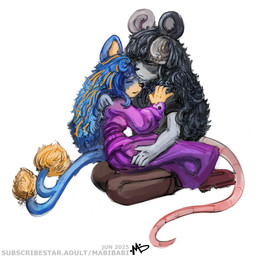 5_fingers anthro black_body black_clothing black_ears black_fur black_hair black_nose black_shirt black_topwear blonde_hair blue_body blue_ears blue_fur blue_hair blue_tail boots bottomwear brown_boots brown_bottomwear brown_clothing brown_eyes brown_footwear brown_pants clothed clothed_anthro clothed_female clothed_male clothing curly_hair dress duo eyes_closed female female_anthro fingers footwear forked_tail fur grey_body grey_ears grey_fur grey_hair hair hairless_tail hug kneeling logo long_hair long_sleeves male male_anthro mouth_closed multicolored_body multicolored_fur multicolored_hair pants pink_tail purple_clothing purple_dress round_ears sad shirt shoes simple_background sitting tail tail_tuft text topwear tuft two_tone_body two_tone_fur two_tone_hair unusual_anatomy unusual_tail white_background yellow_body yellow_fur yellow_inner_ear yellow_tail_tuft young young_anthro young_female mabibabi liru_(lirumouse) meru_(atinydom) felid hybrid lion mammal mouse murid murine pantherine rodent 2025 artist_logo dated hi_res url
